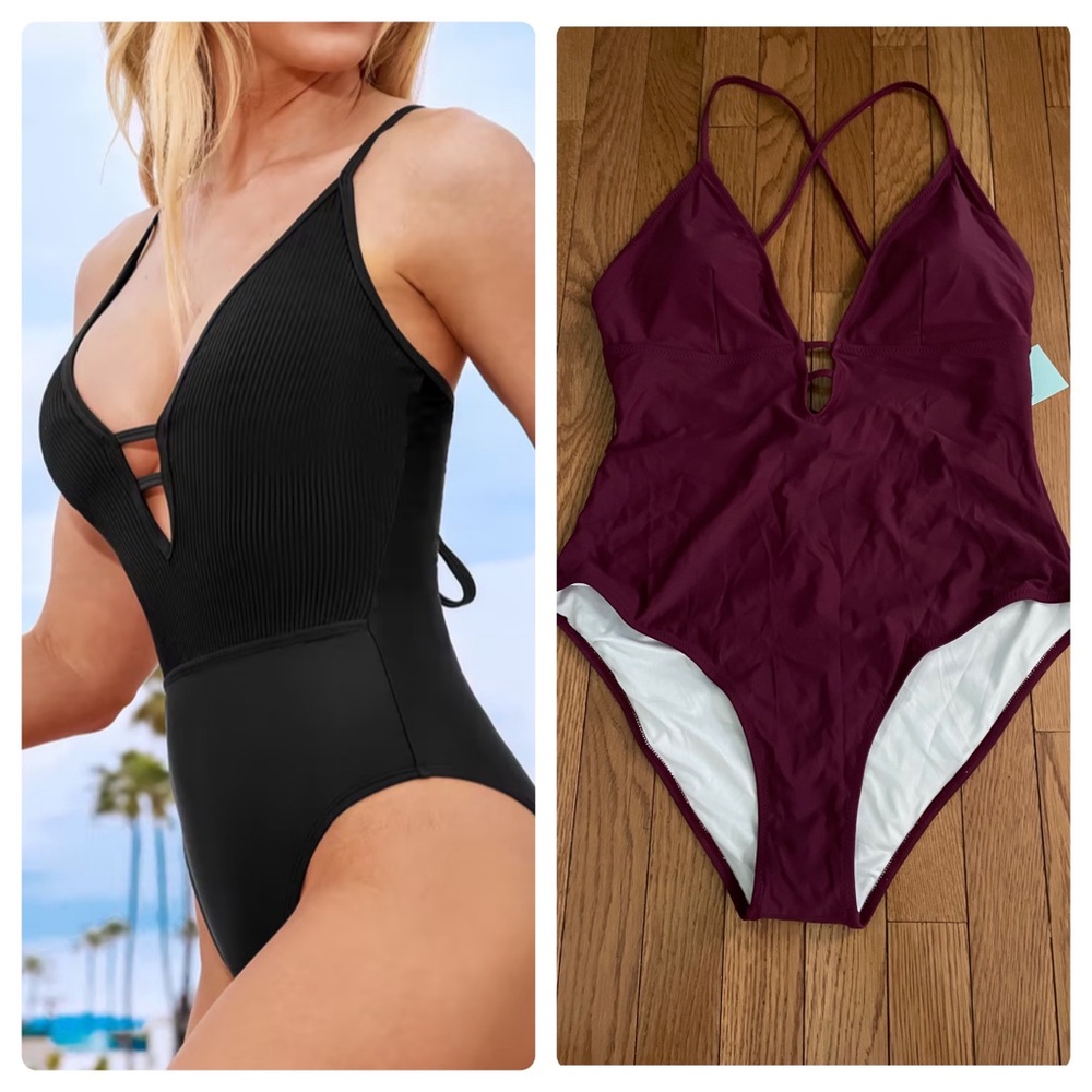 Cupshe One Piece Swimsuit Size XXL 12-14 Deep V Cross Back High Rise Burgundy